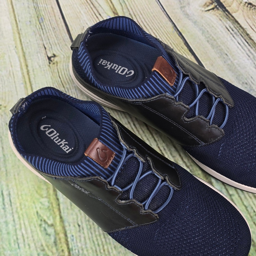 OluKai Makia Ulana Sneakers Mens 10 Navy Blue Leather Mesh Casual Slip On 10361 - Picture 7 of 9